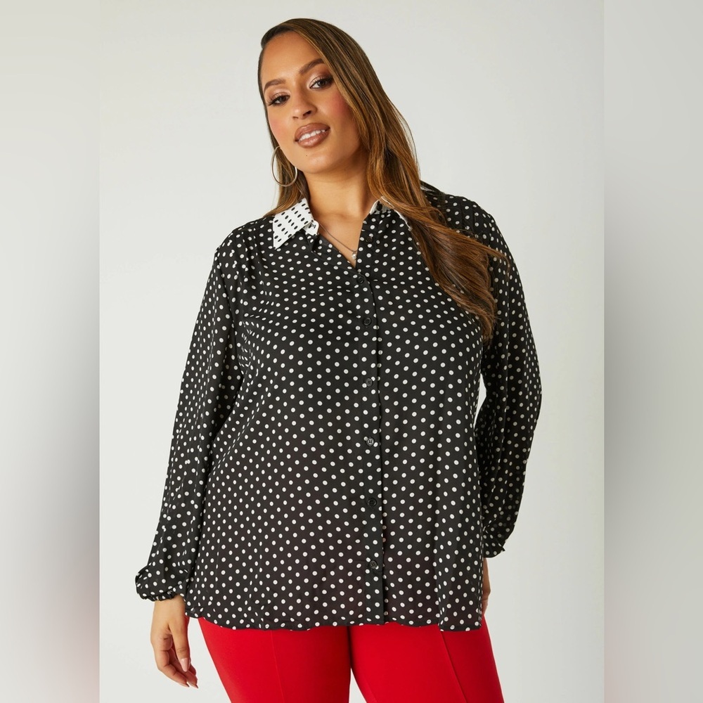 Ashley Stewart Black White Heart Print Button Down Chiffon Blouse Size 14